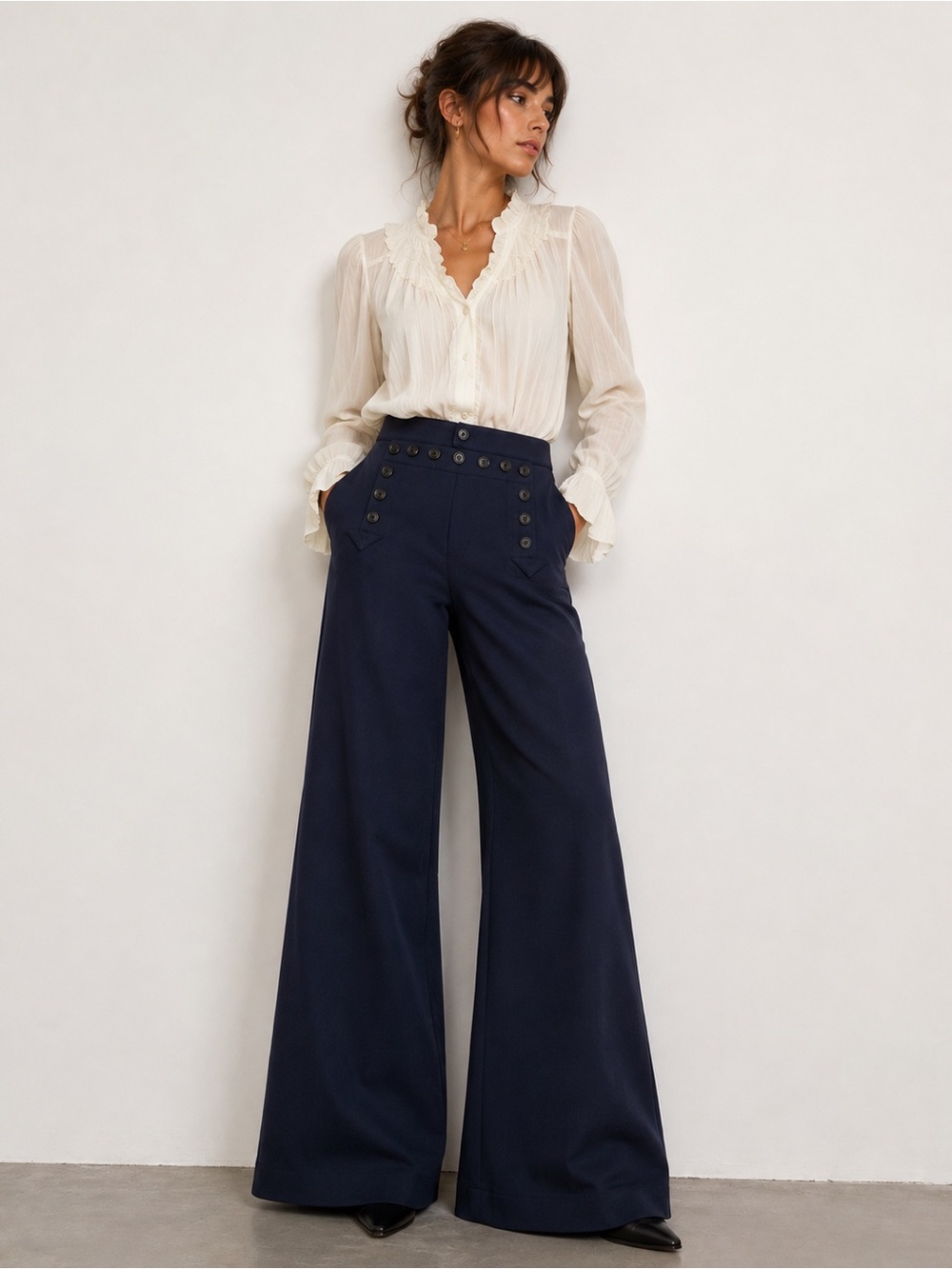 Vintage High-Waist Navy Wide-Leg Sailor Pants lace up